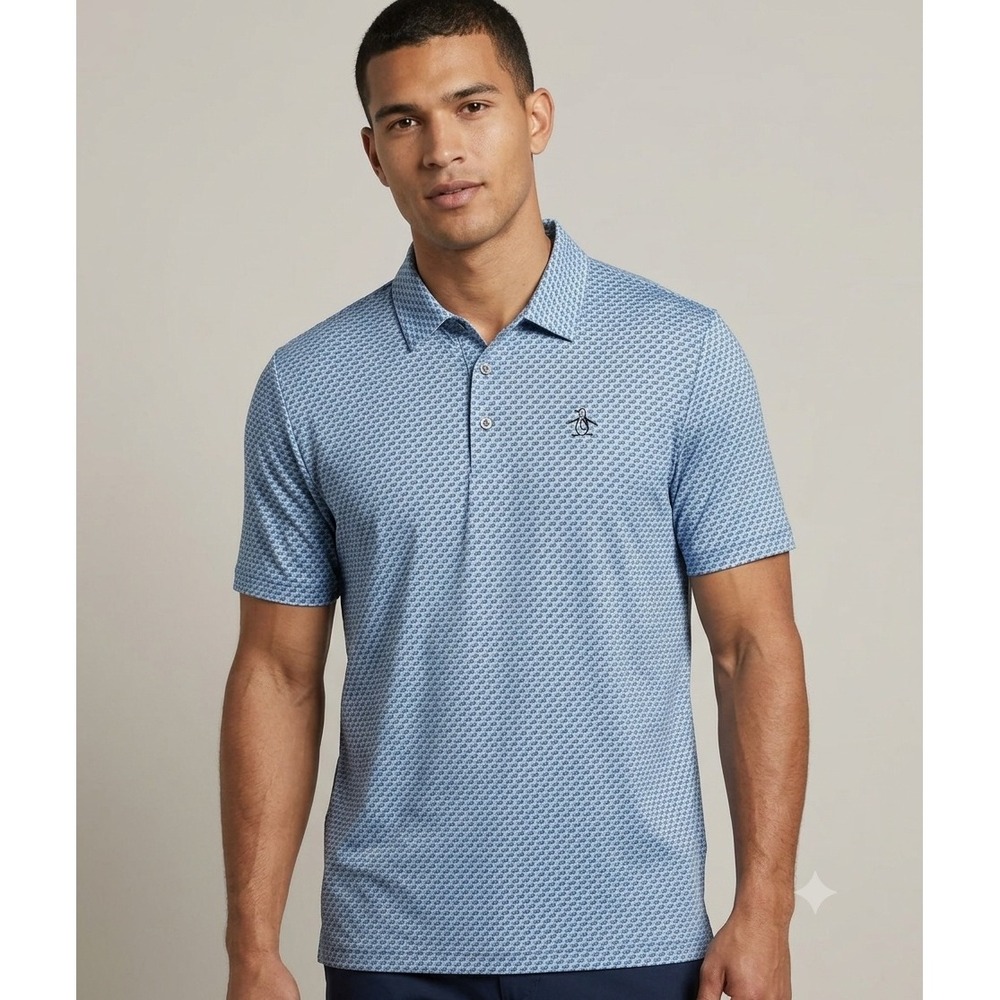 Original Penguin Mens 4XLT Blue Geometric Polo Shirt Short Sleeve Tall Stretch